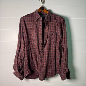 Vince Size Large 100% Cotton Button Down Shirt Copper & Brown Plaid